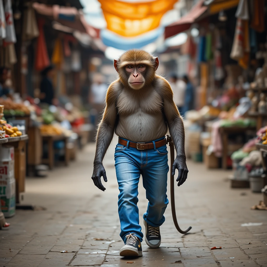 Macaco de jeans caminhando por um mercado indiano movimentado