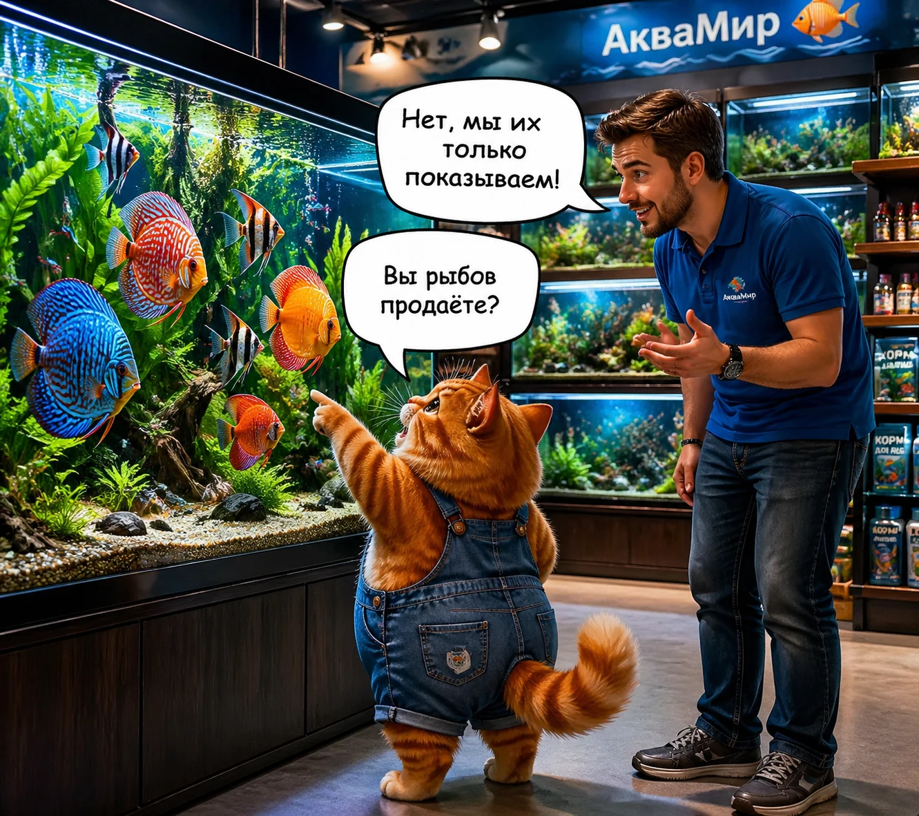 穿背帶褲的好奇橘貓凝視水族箱裡的魚