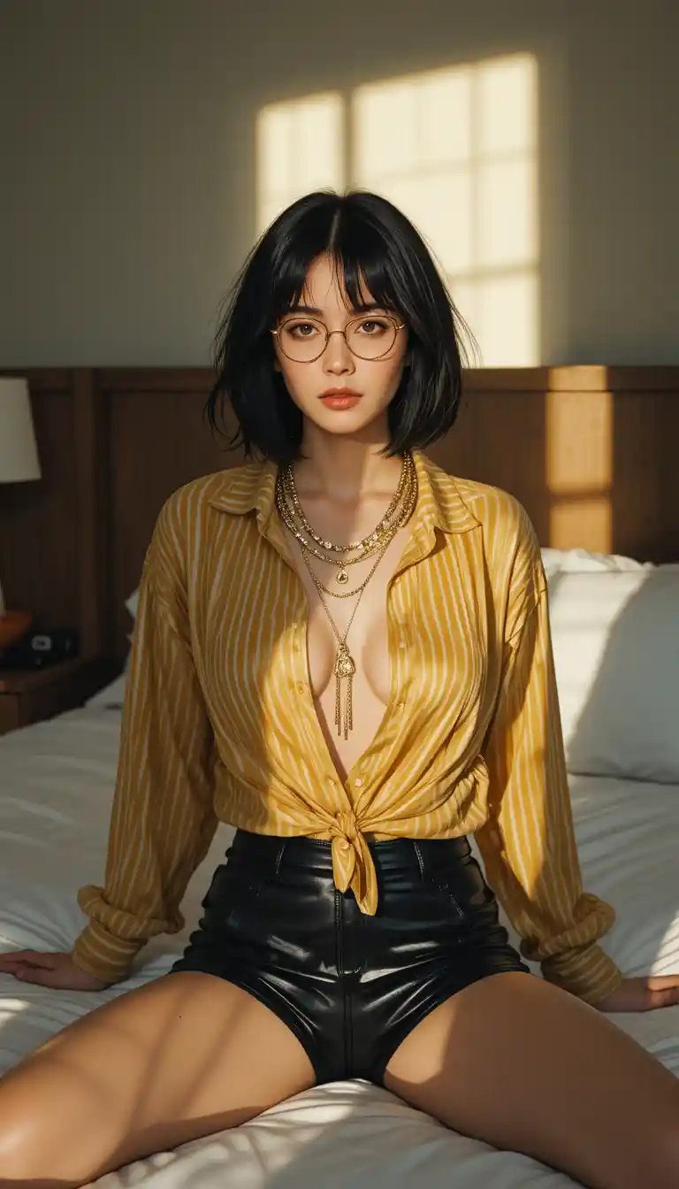 Young woman on hotel bed in dramatic window sunlight
