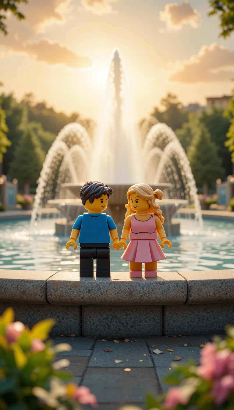Couple Lego se tenant la main sur un banc près d’une fontaine