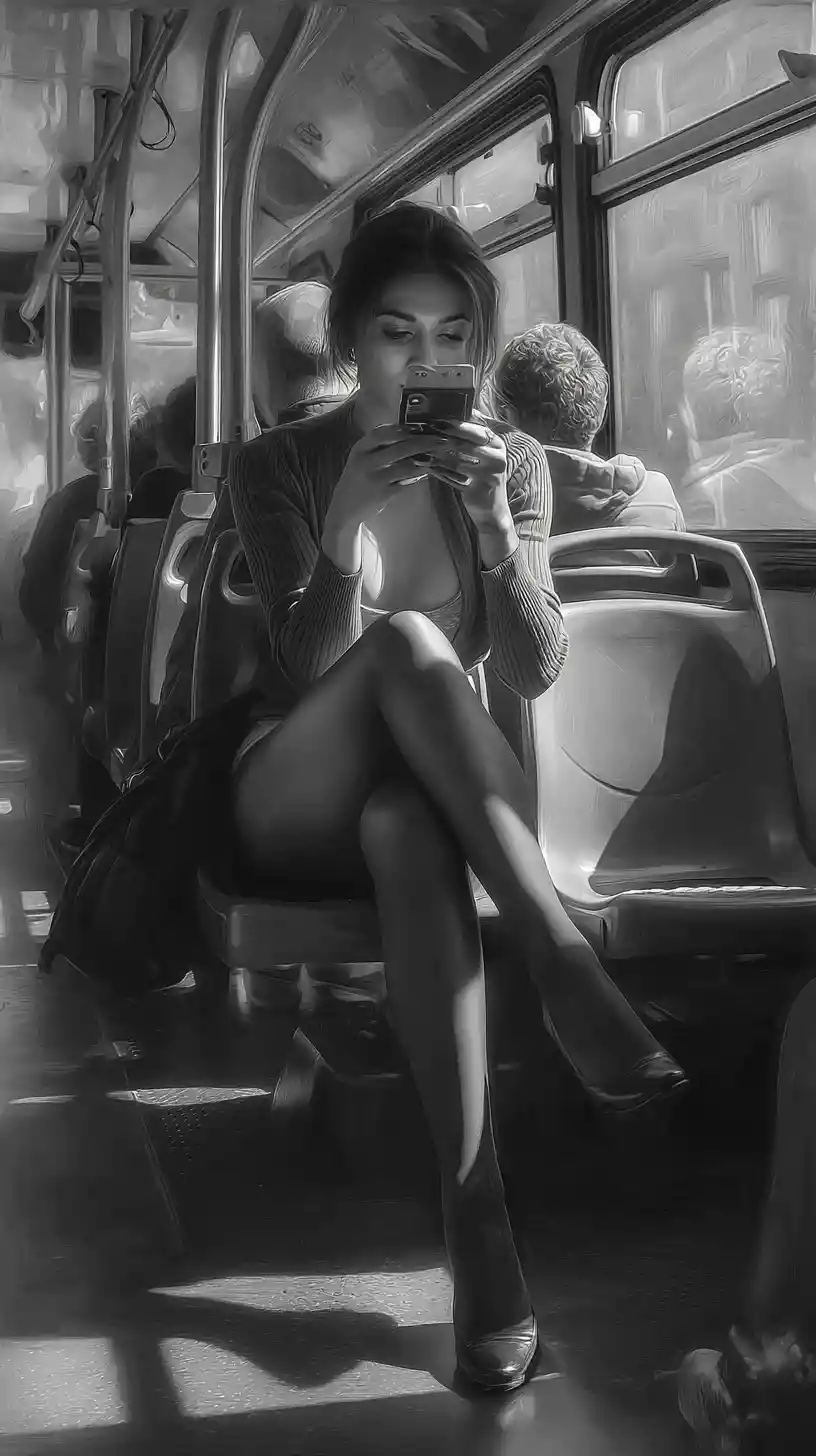 Beautiful woman on a morning bus using her smartphone