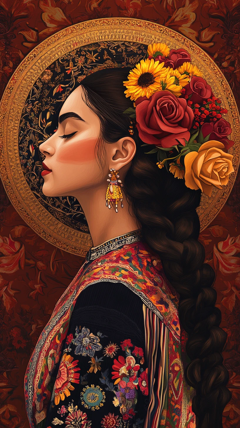 Retrato sereno de perfil de uma mulher em vestido tradicional floral