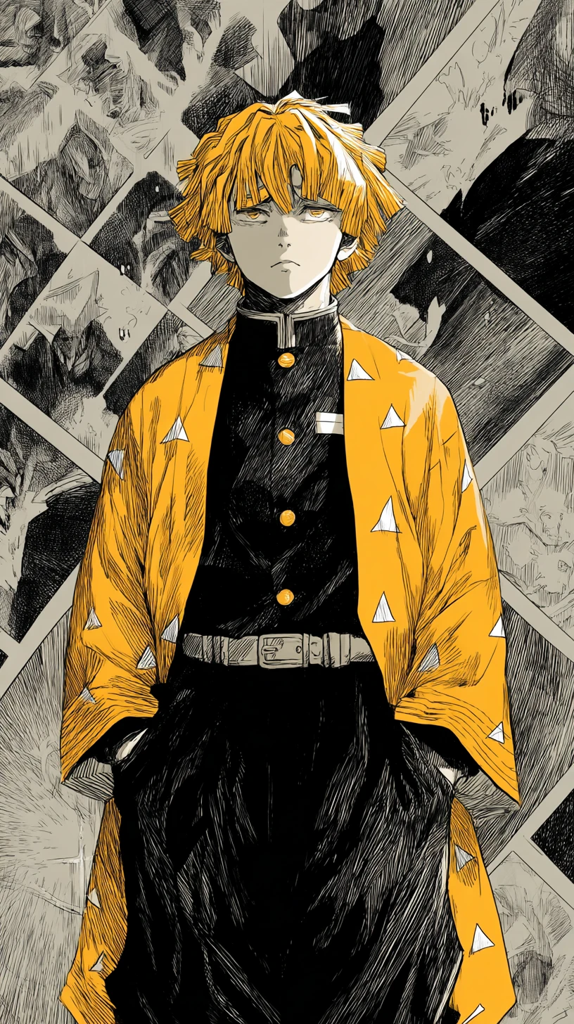 Espadachim de anime determinado com haori amarelo e sombras dramáticas