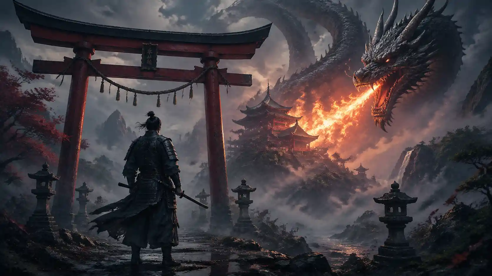 Samurái frente a un torii y un templo japonés entre la niebla