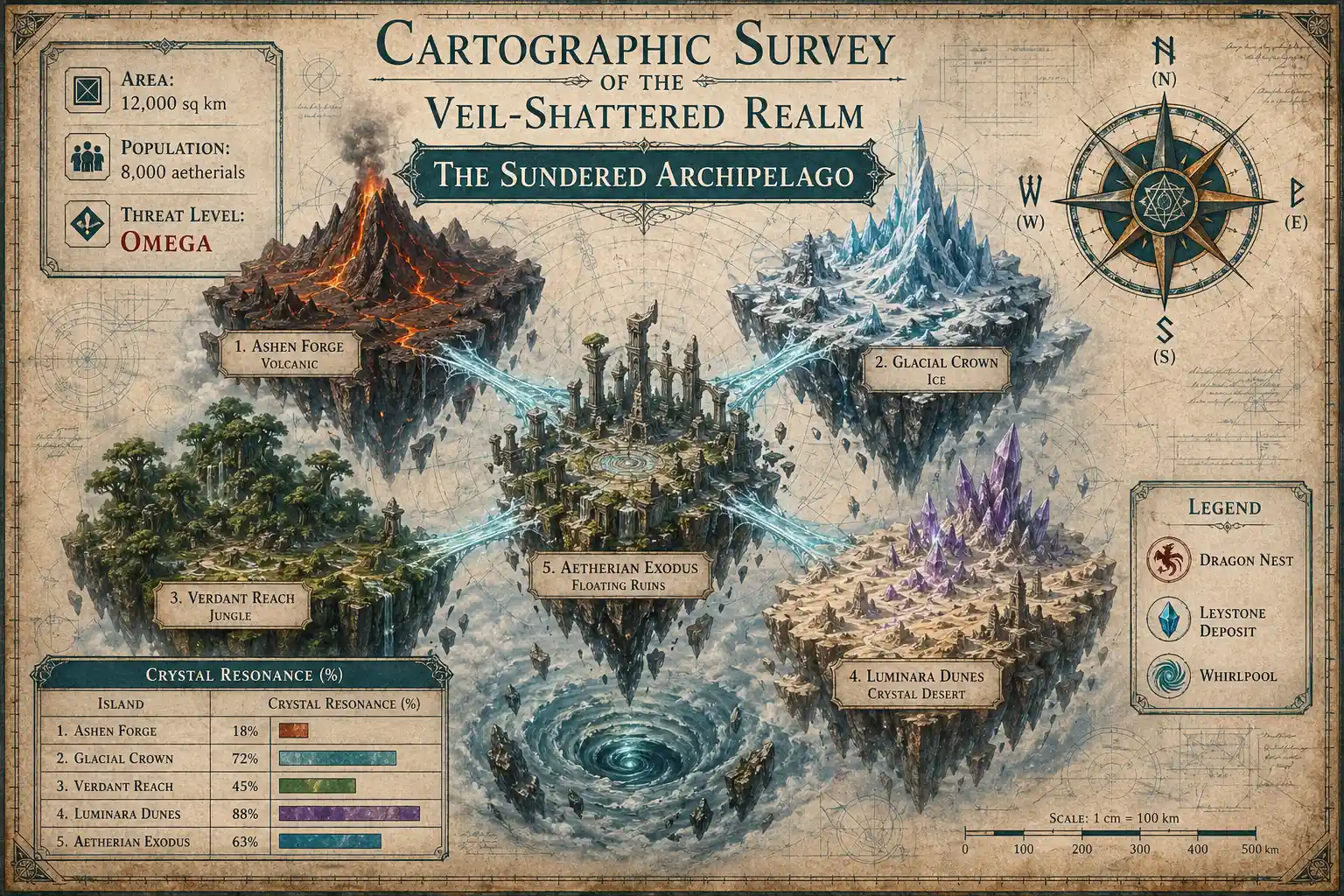 Fantasy world map of the sundered floating archipelago