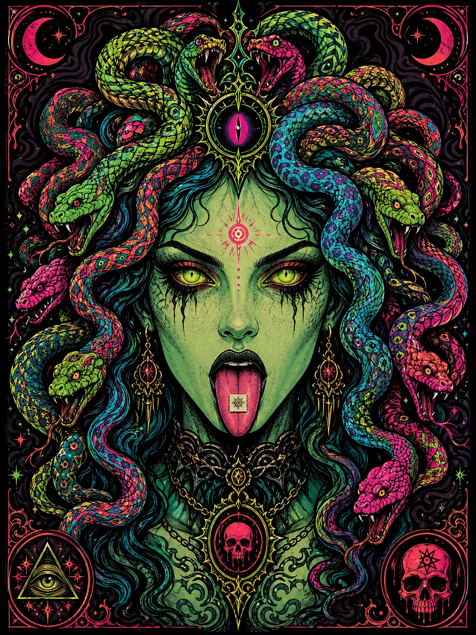 Retrato neón psicodélico de Medusa con serpientes alucinantes y LSD