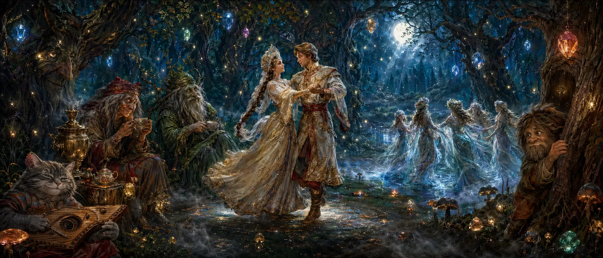 Midnight dance of Russian fairy tale heroes in forest