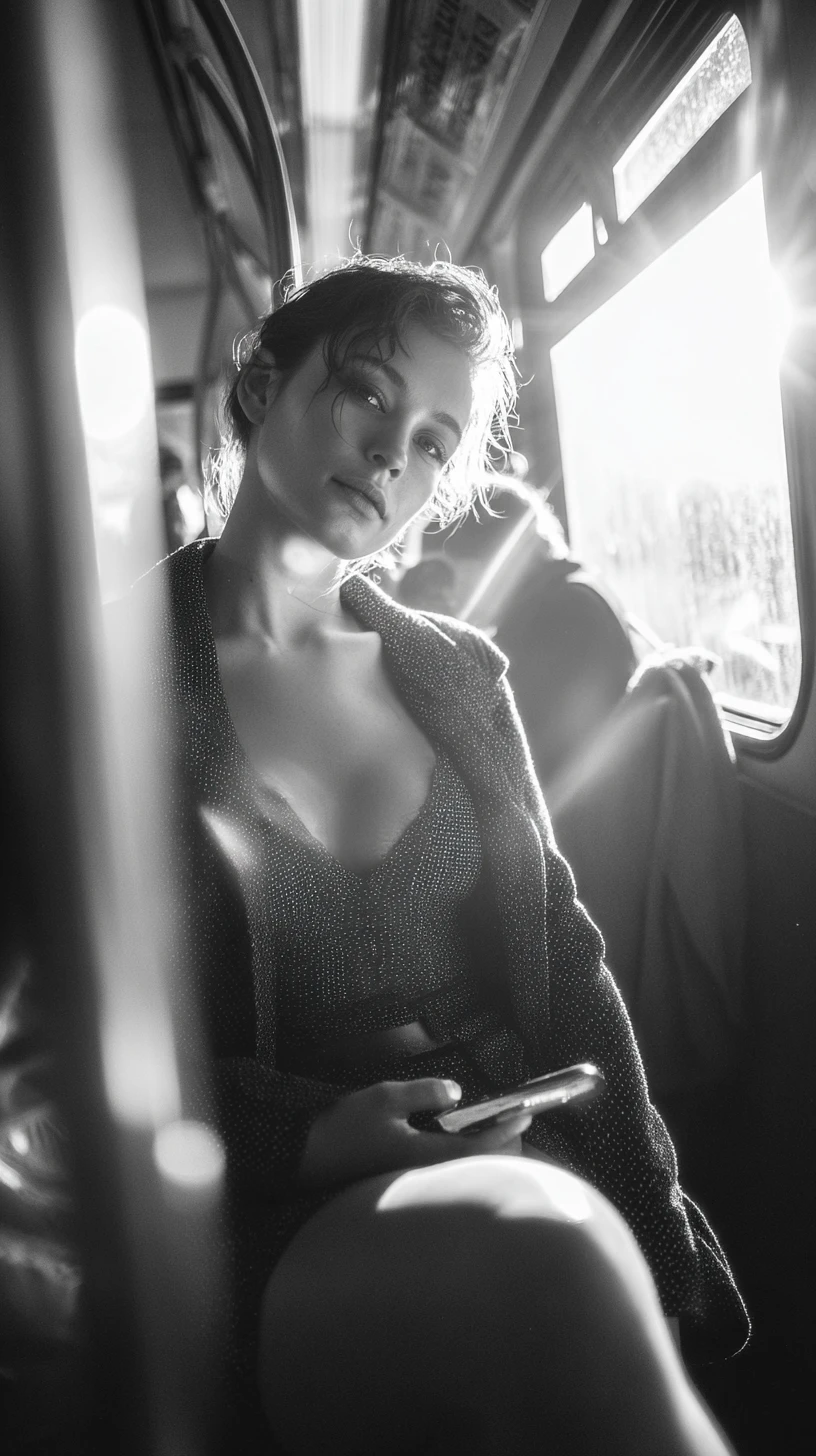 Woman on morning bus bathed in soft cinematic sunlight
