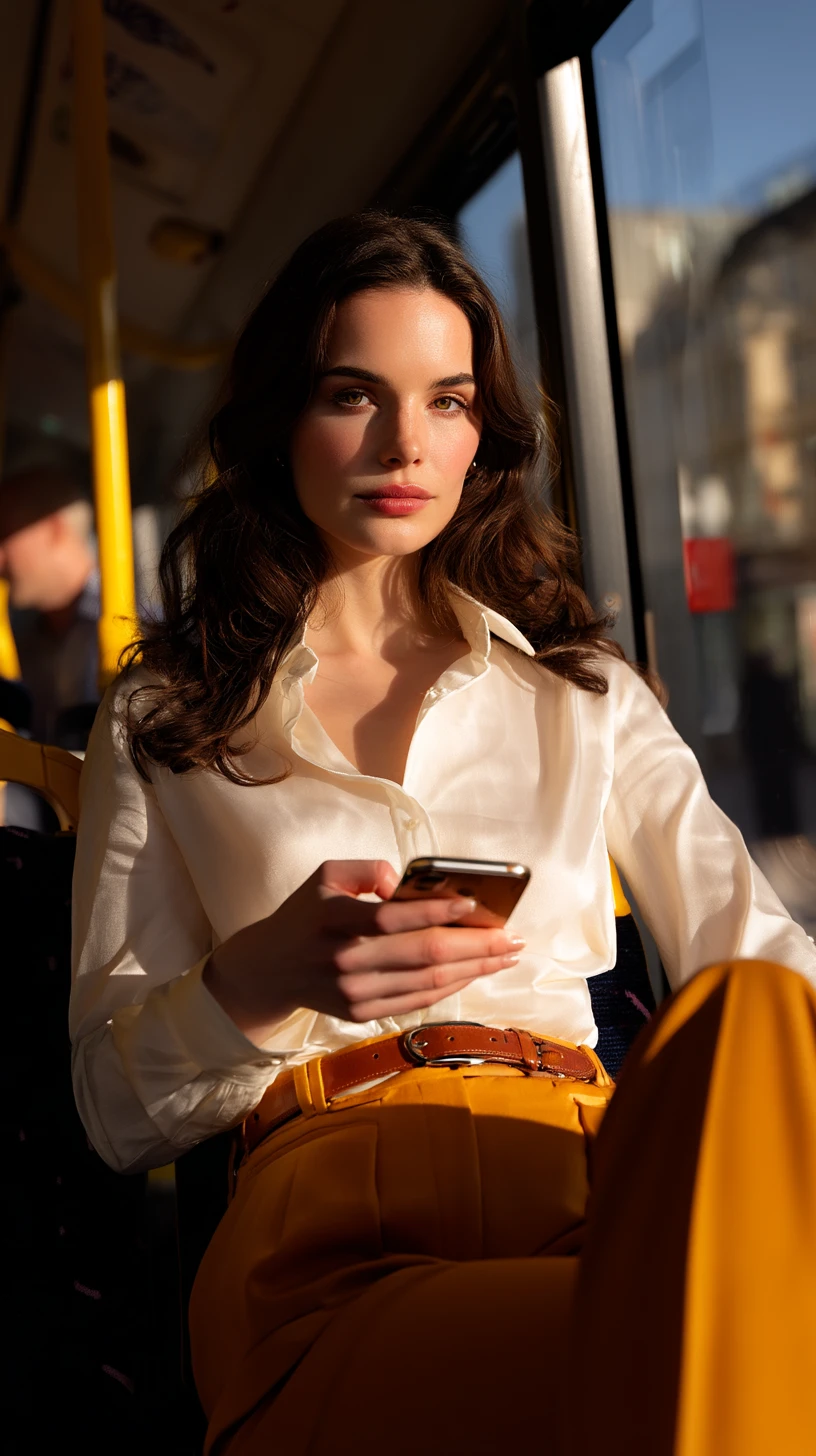 Woman on morning bus bathed in soft cinematic sunlight