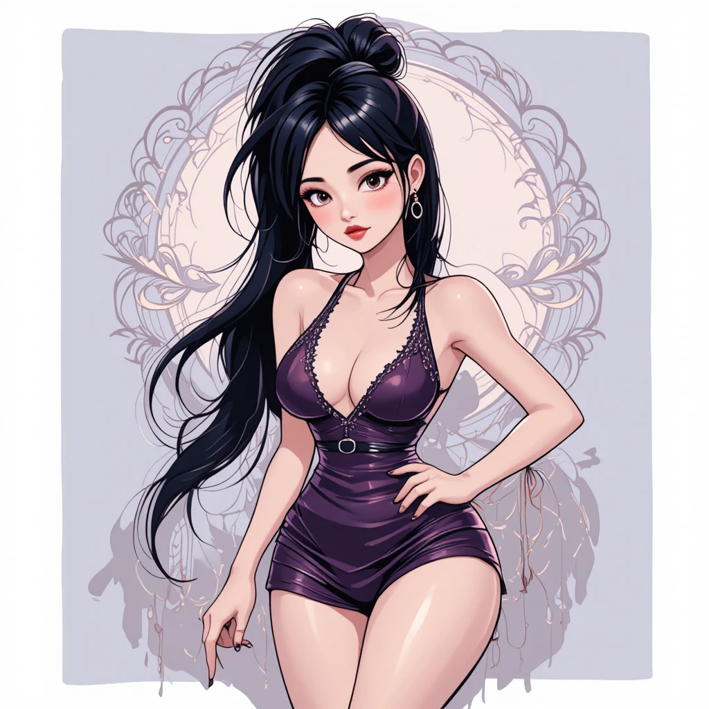 Stylized woman in short dress with confident leaning pose