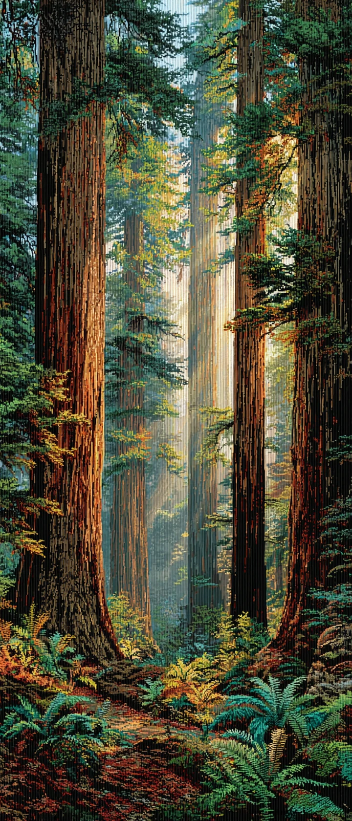 Intricate Embroidery Of An Ancient Redwood Forest At Dawn