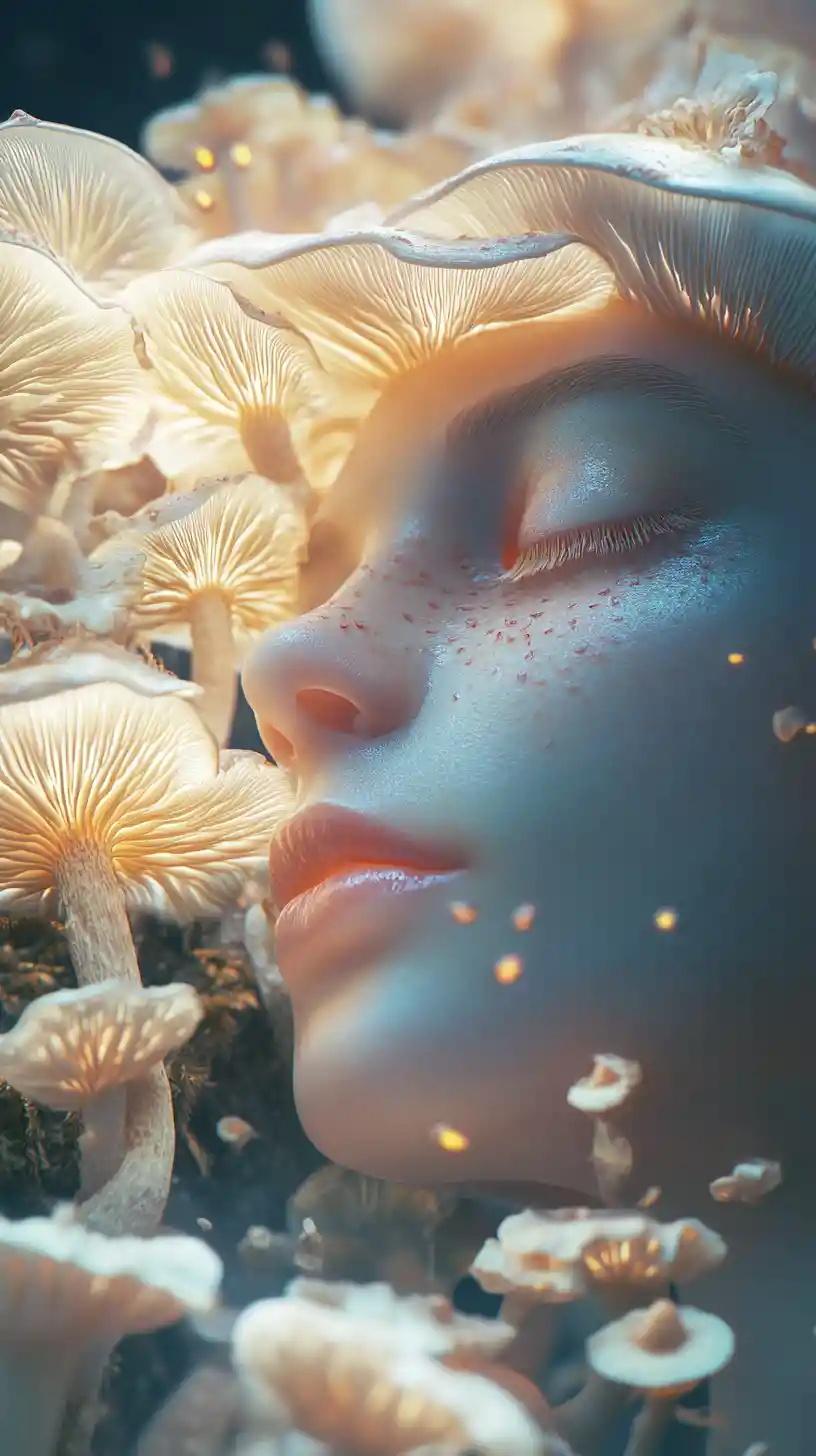 Surreal mushroom spirit with a delicate humanlike face