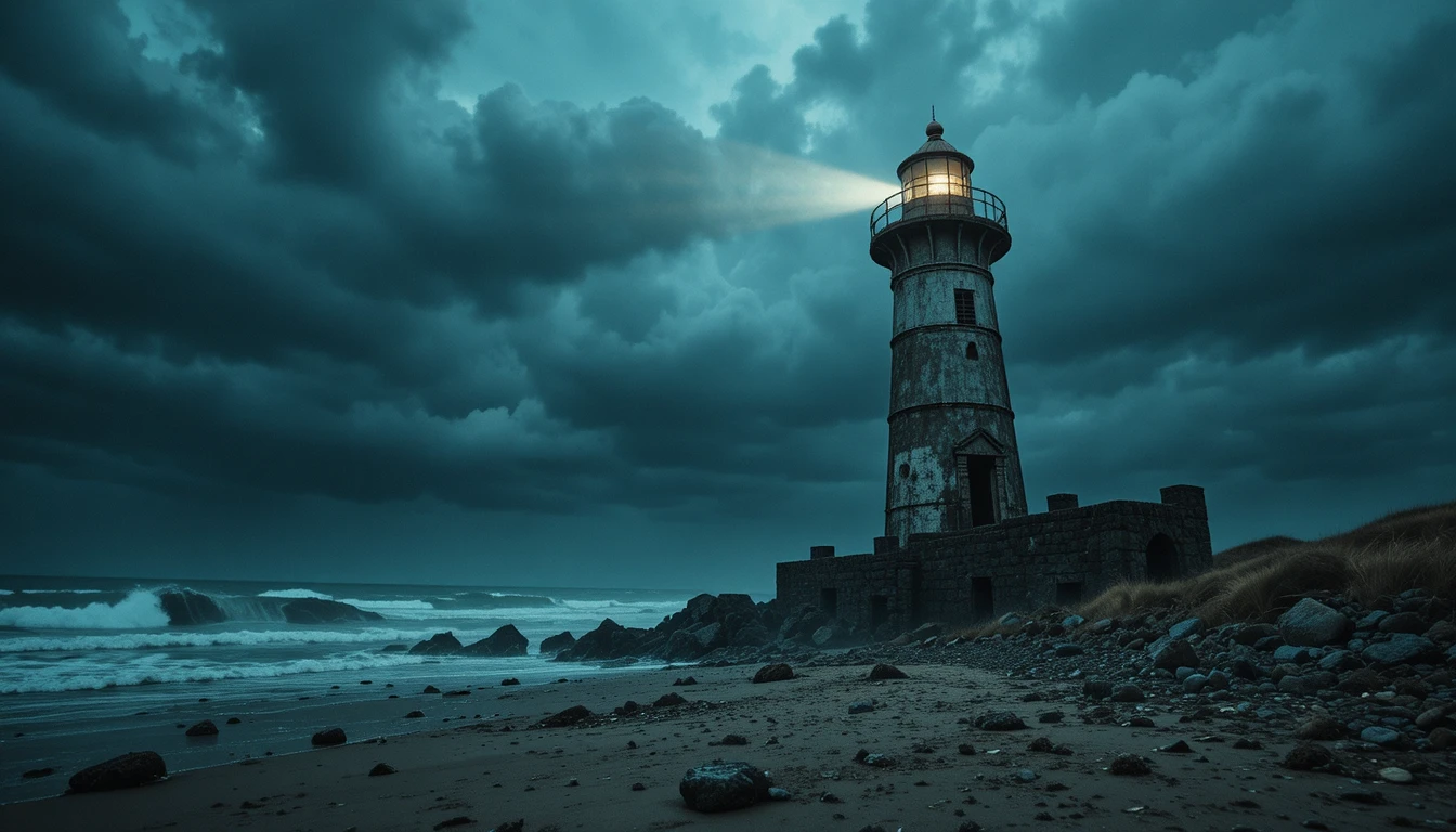 Farol solitário diante do mar tempestuoso ao entardecer