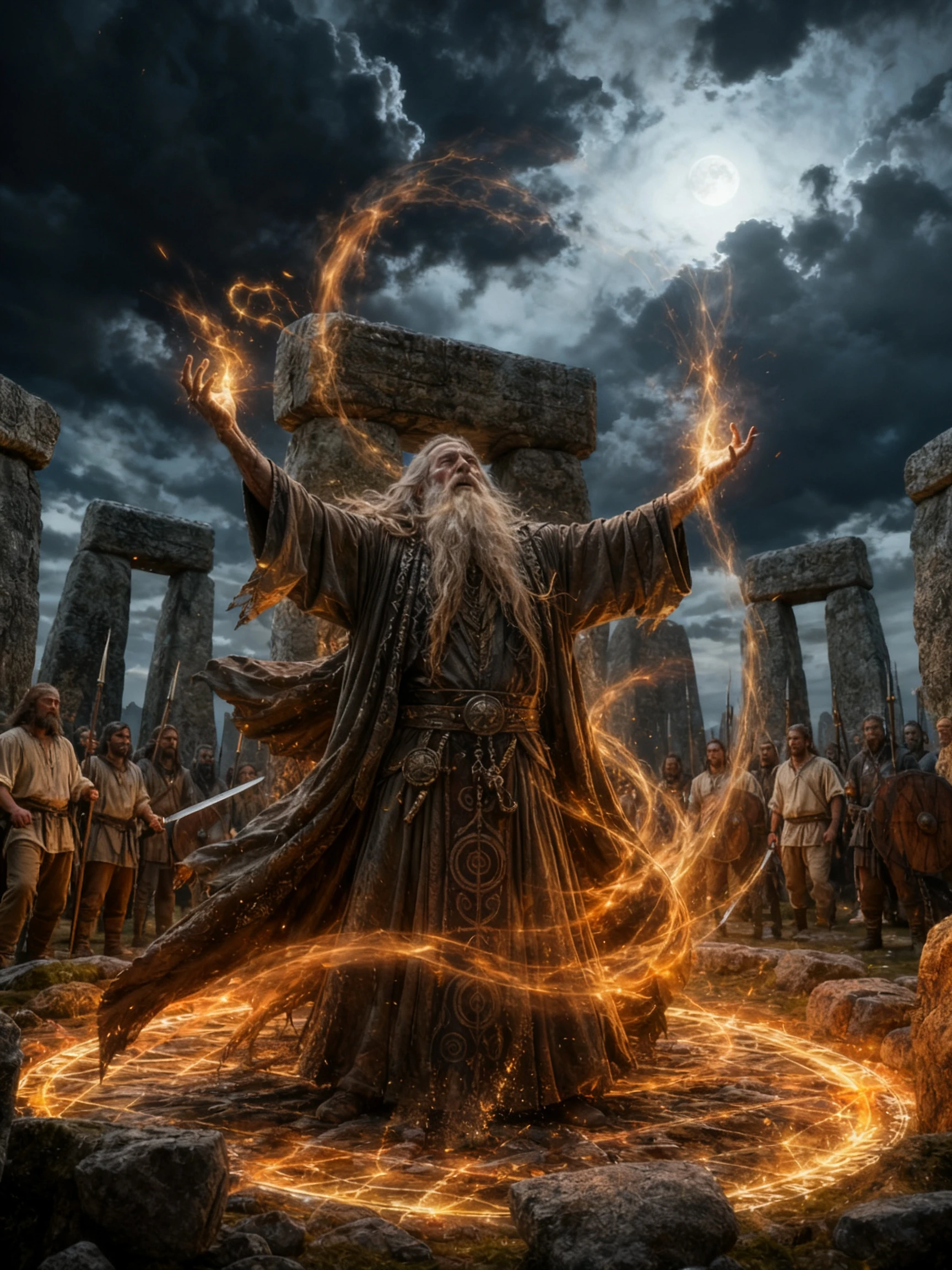 Druida invocando magia em antigo círculo de pedra