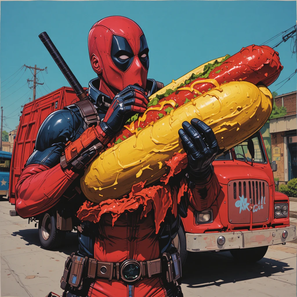 Super-herói pop art comendo cachorro-quente em caminhão de lixo vintage