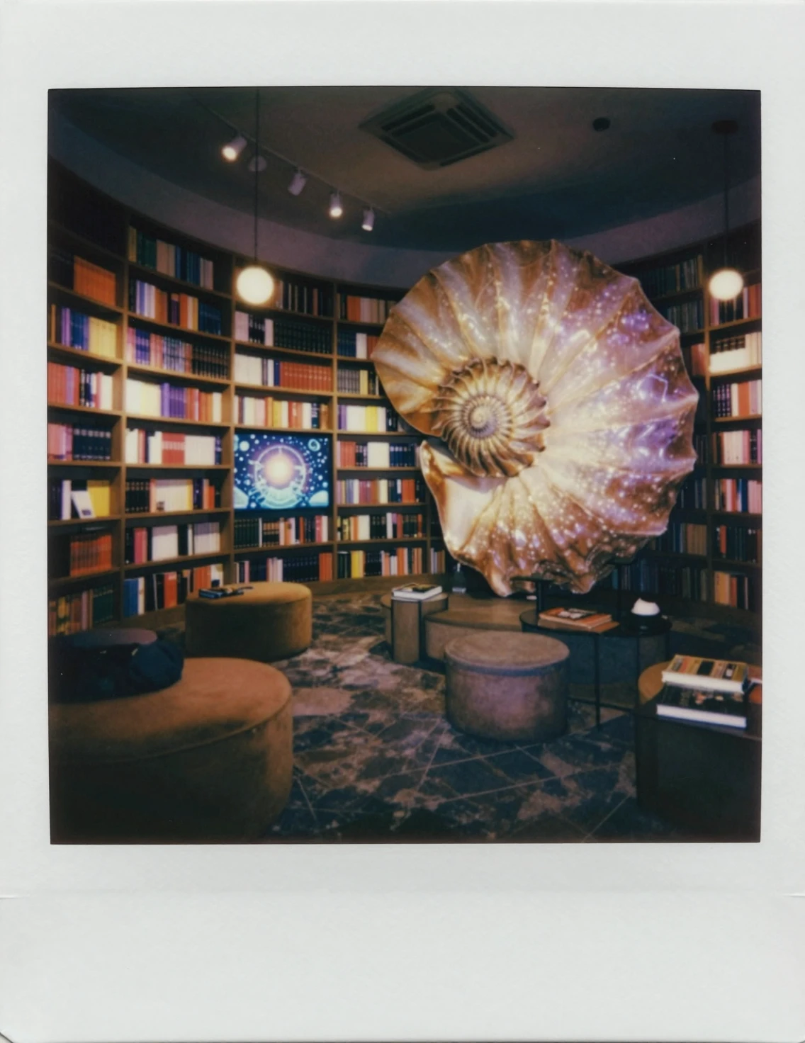 Aconchegante Biblioteca Neon Dentro de uma Gigantesca Concha de Náutilo