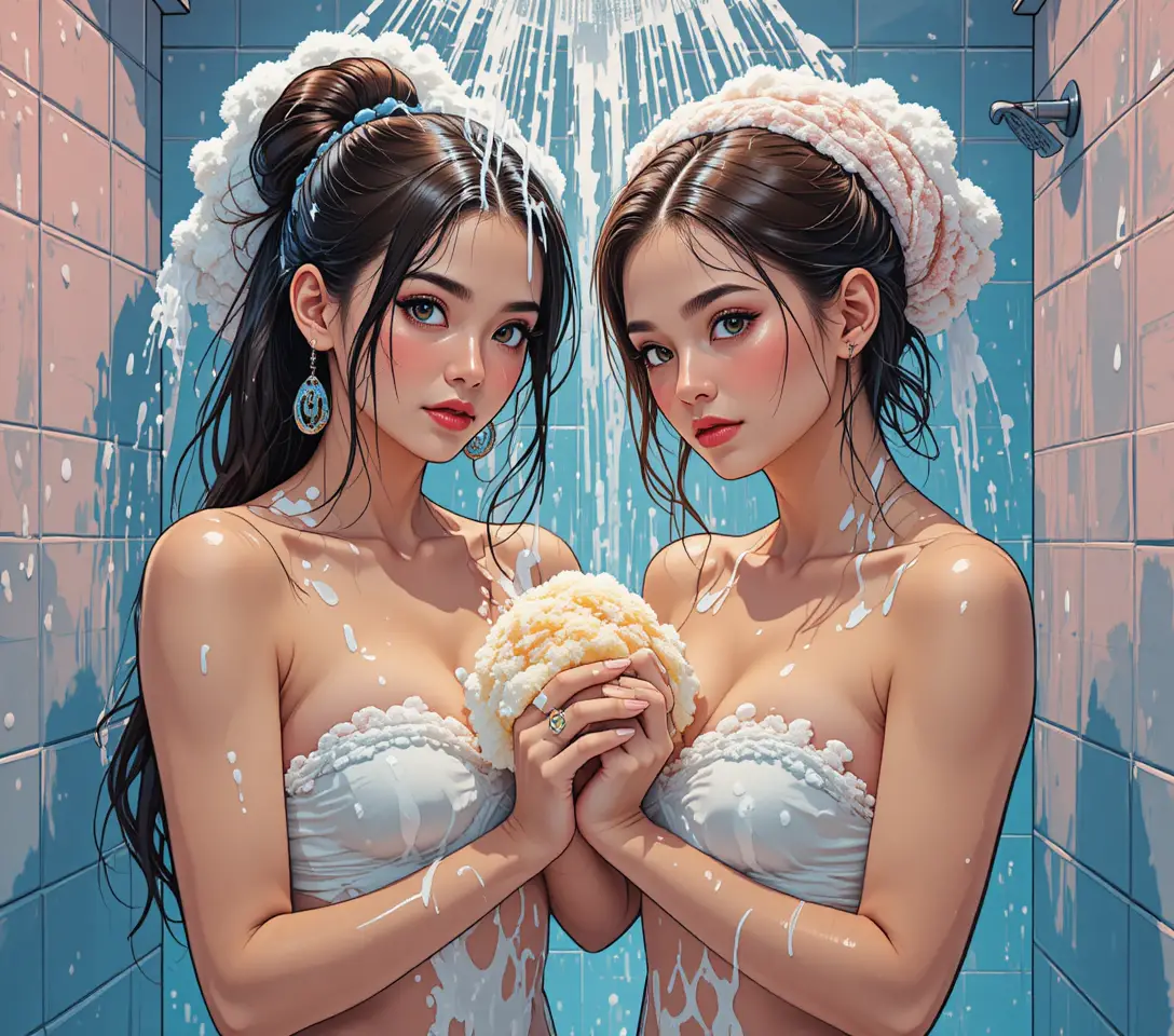 現代的なシャワーで石鹸を分け合う2人のアニメ女性