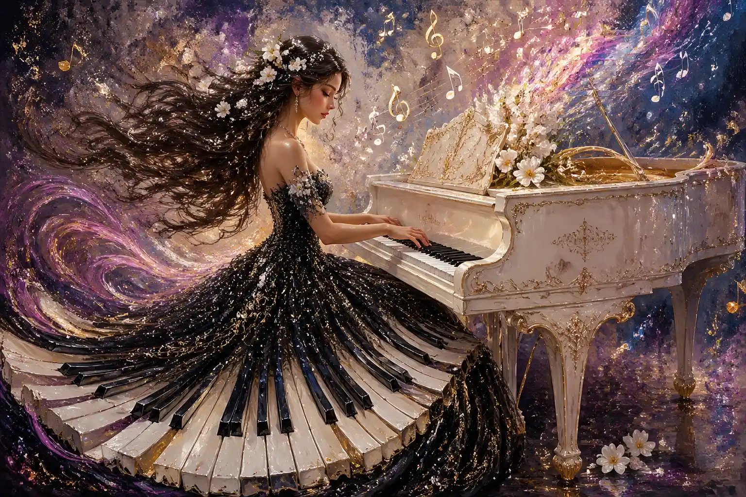 Mujer encantadora con vestido negro tocando un piano de cola blanco