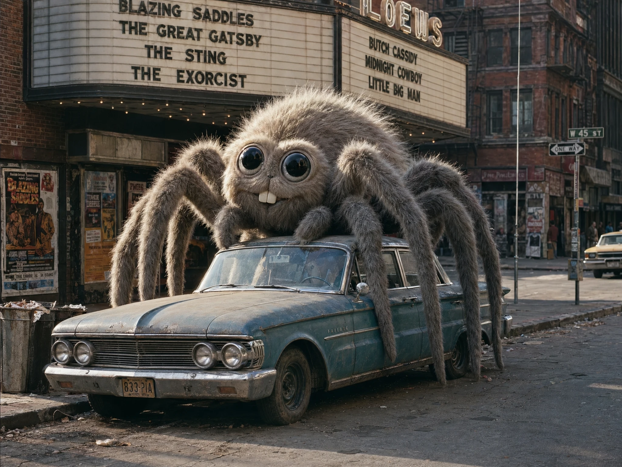 Giant fluffy spider beside vintage blue car in 1970s street