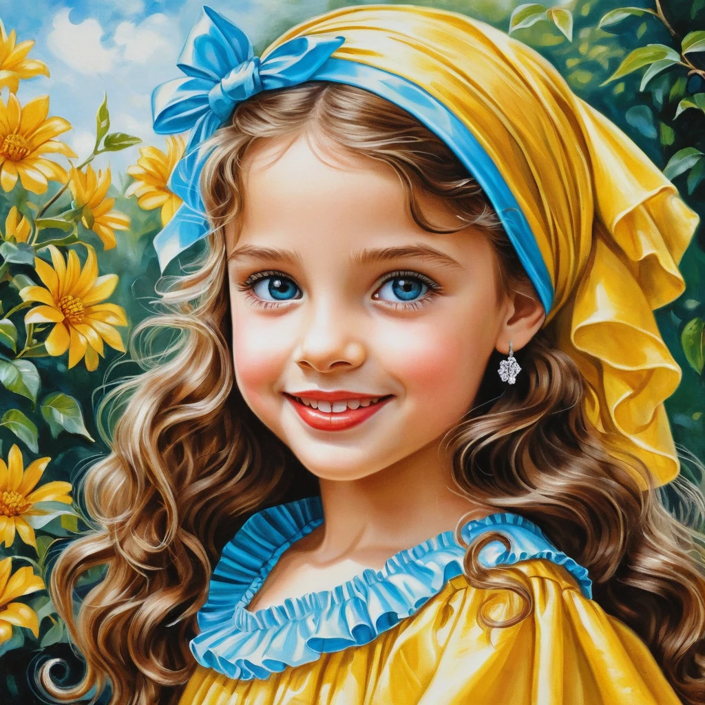 Fillette souriante aux longs cheveux bouclés en robe jaune à volants