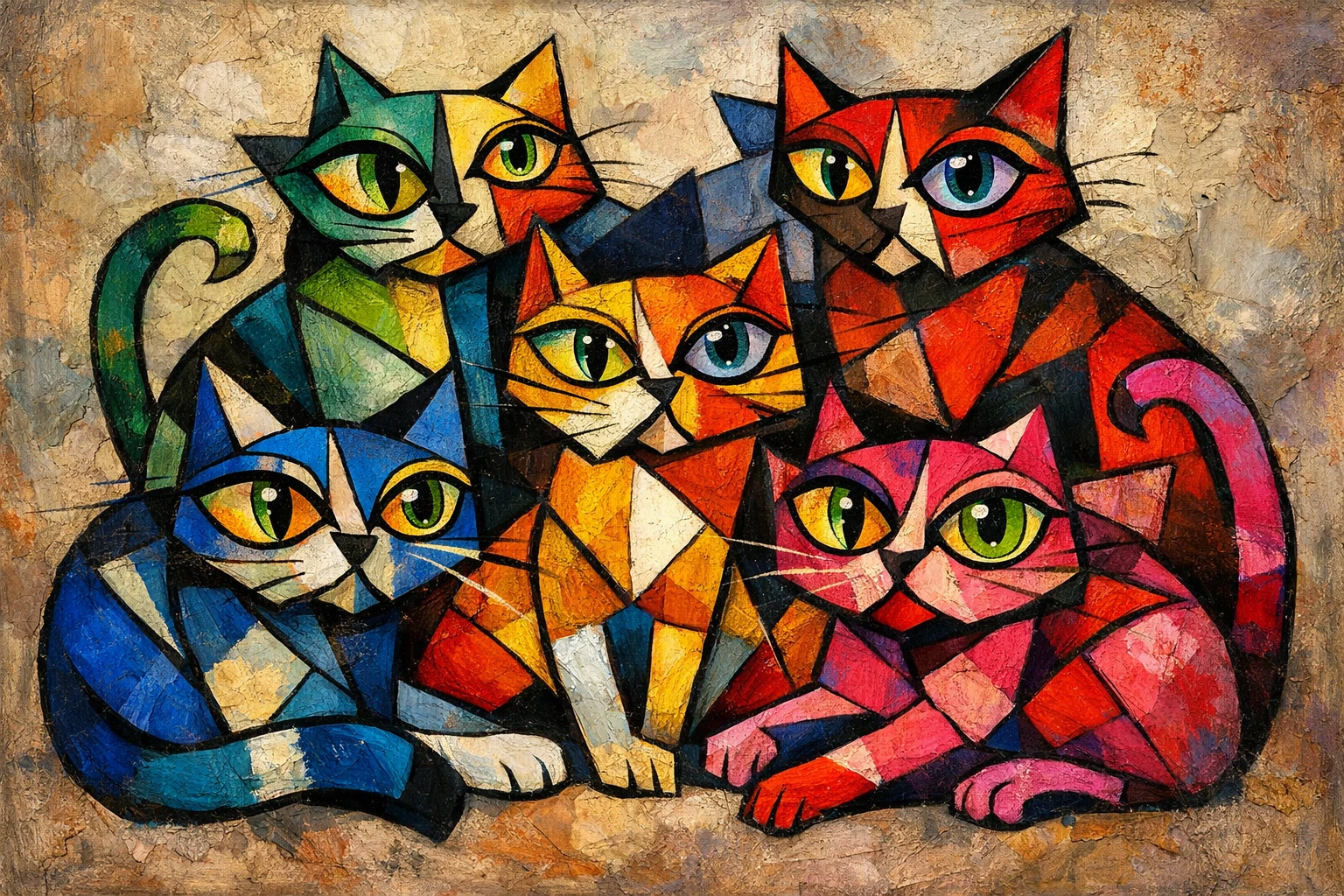 Kubistisches abstraktes Gemälde von fünf farbenfrohen geometrischen Katzen