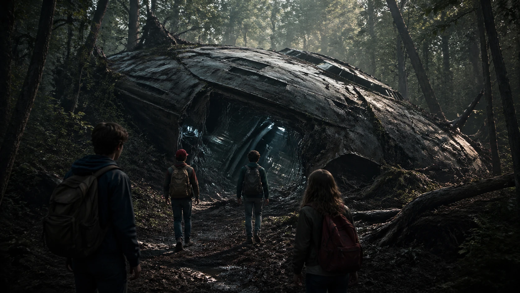 Teenage friends explore a crashed spaceship hidden in the forest