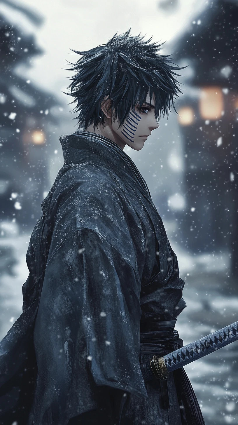 Espadachim de anime em ruínas nevadas com perfil melancólico