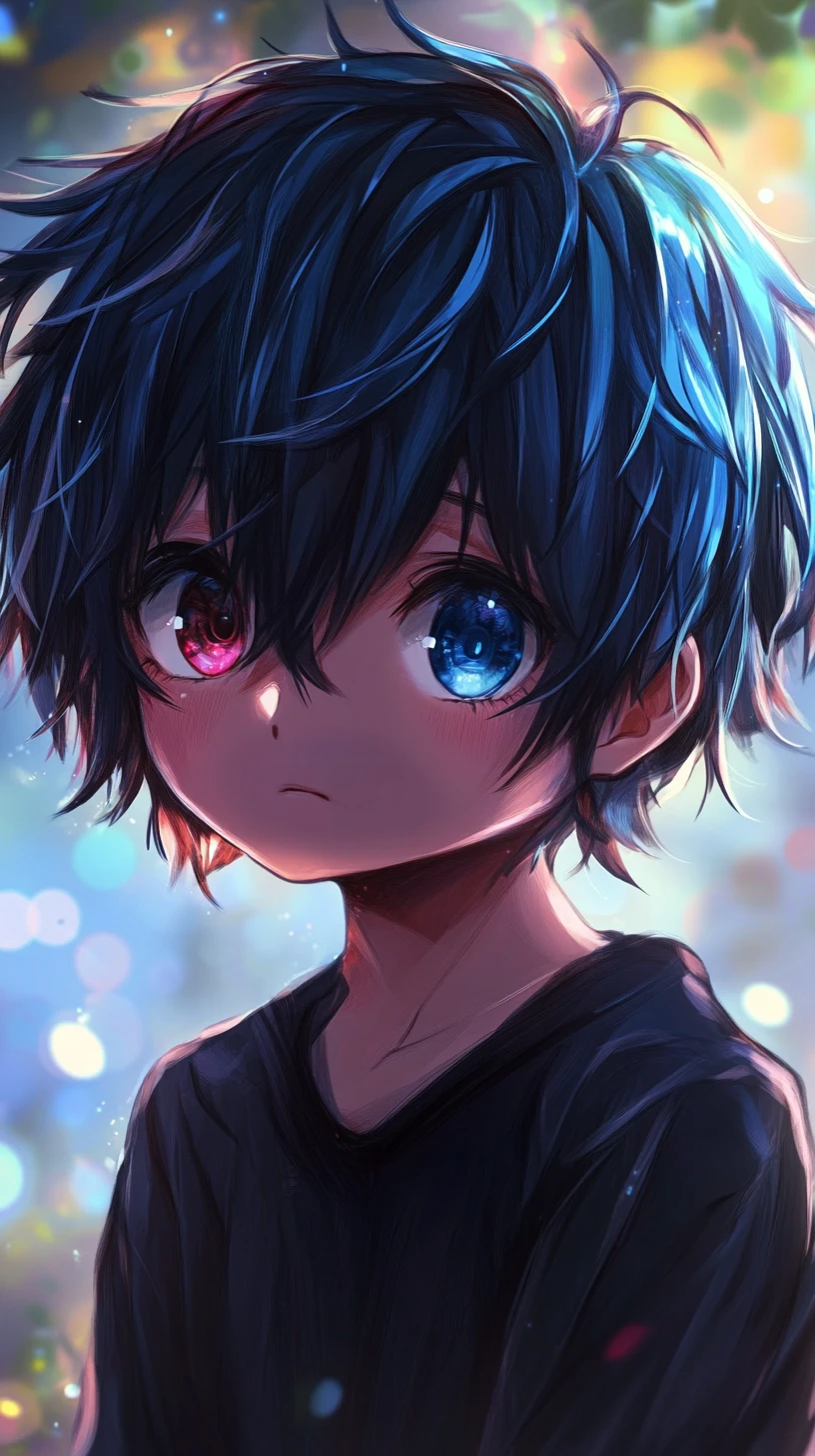 Adorable garçon chibi aux cheveux bleu foncé dans une forêt