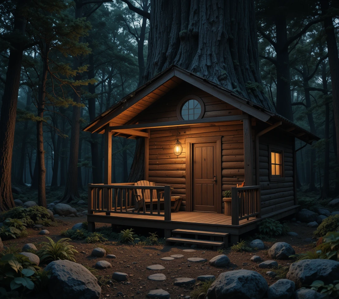 Rustic treehouse cabin glowing softly in a moonlit forest