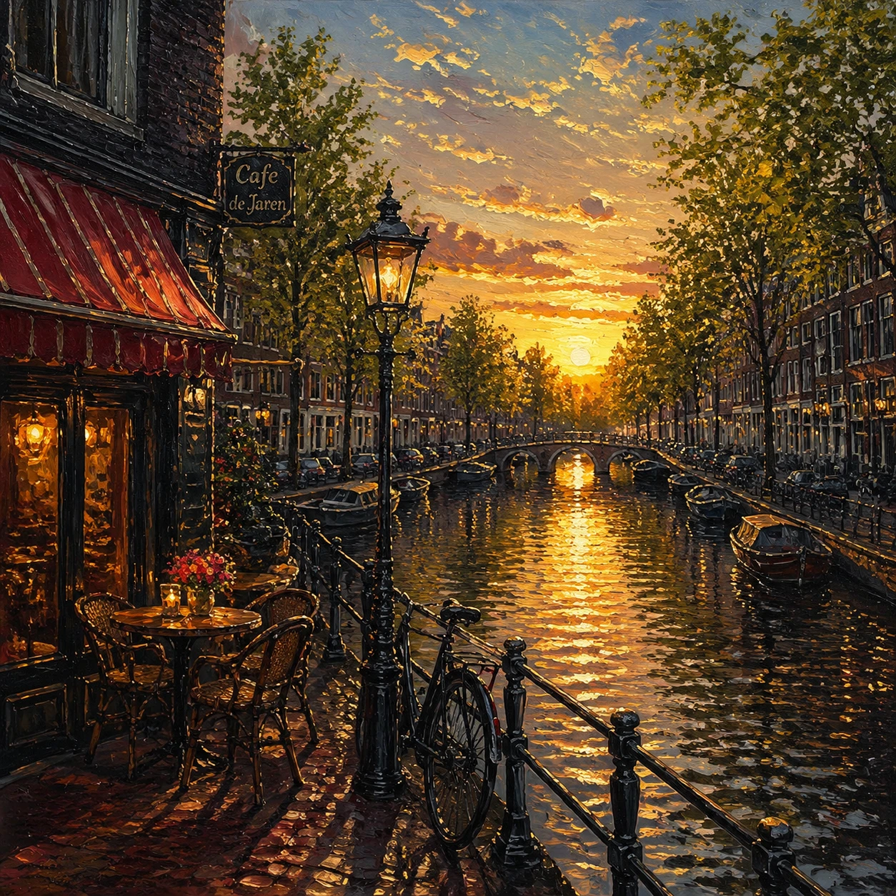 Romantisches Amsterdamer Kanalcafé in der warmen Abendsonne