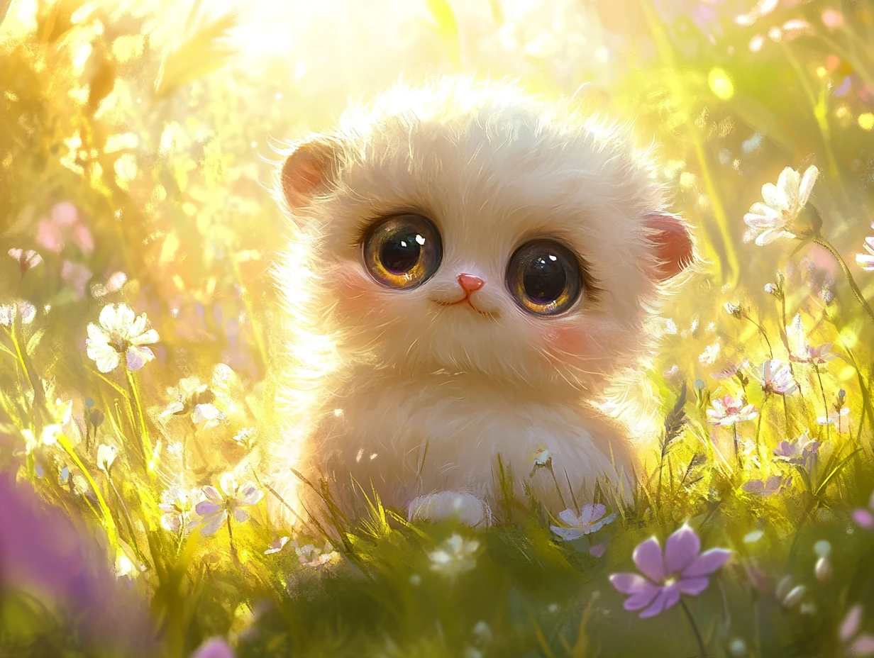 Illustrazione di adorabile cucciolo di animale in un prato fiorito e soleggiato