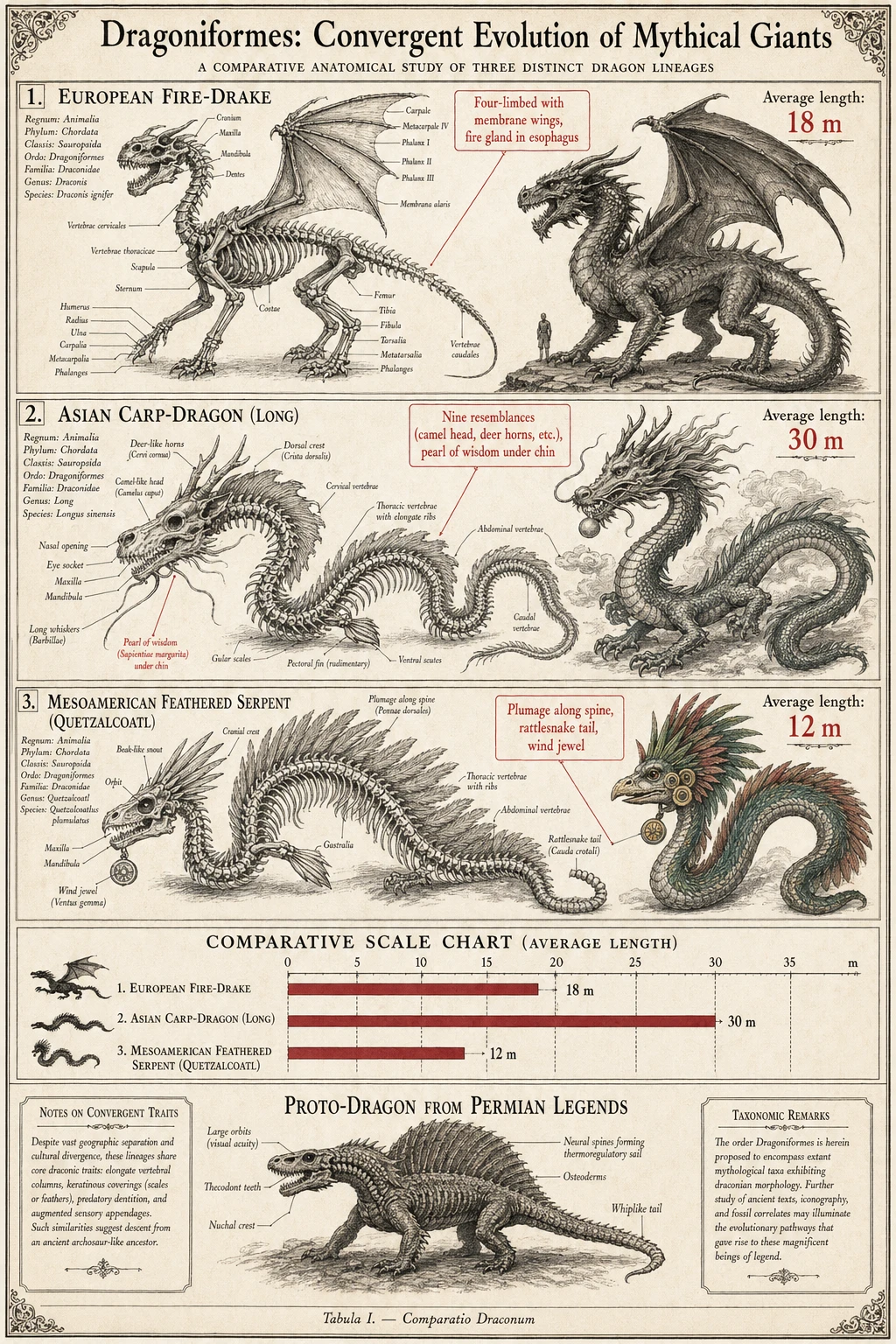 Planche d’anatomie comparée de trois types de dragons légendaires