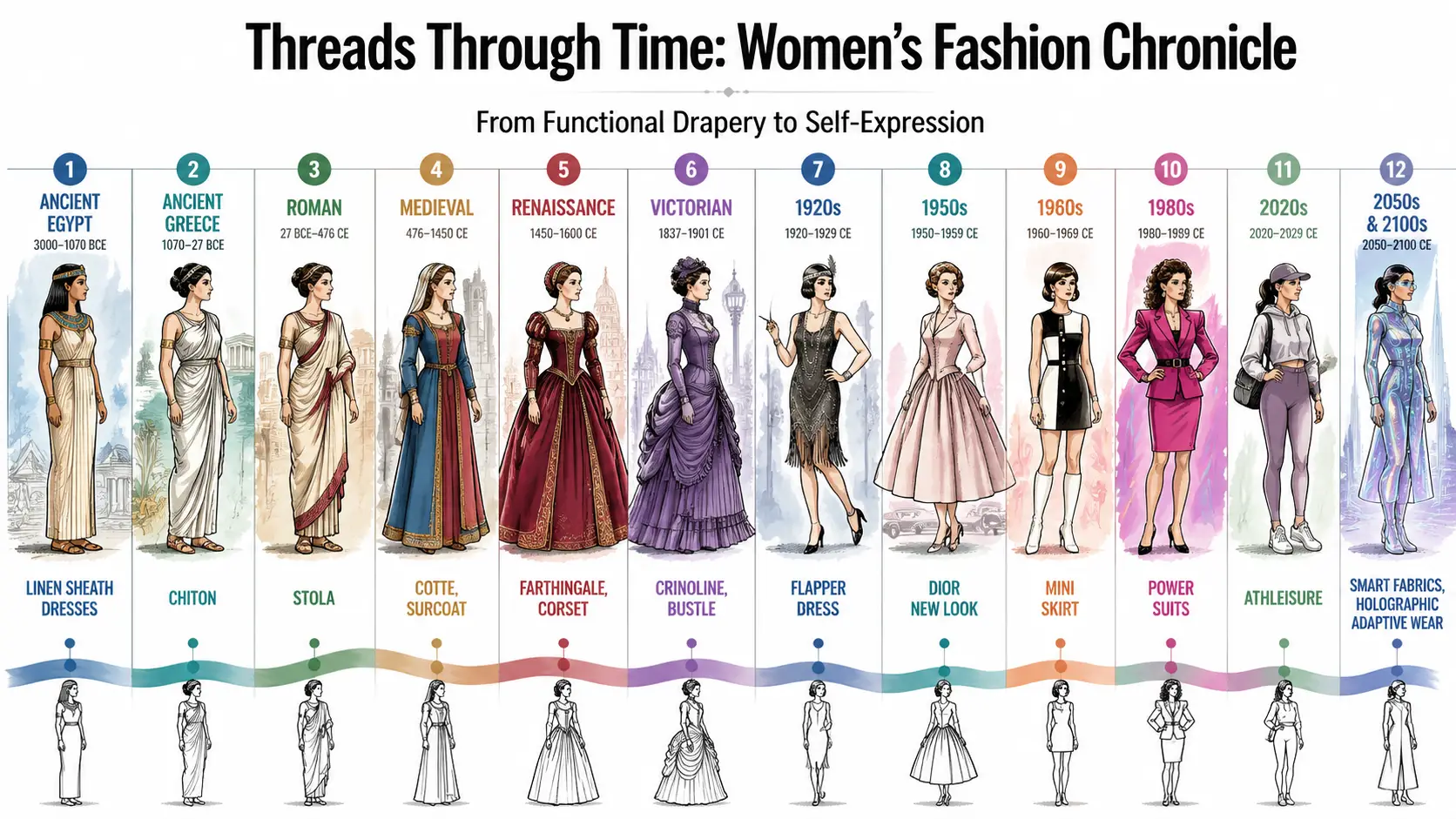 Infografía en línea de tiempo de la moda femenina a través de las eras históricas