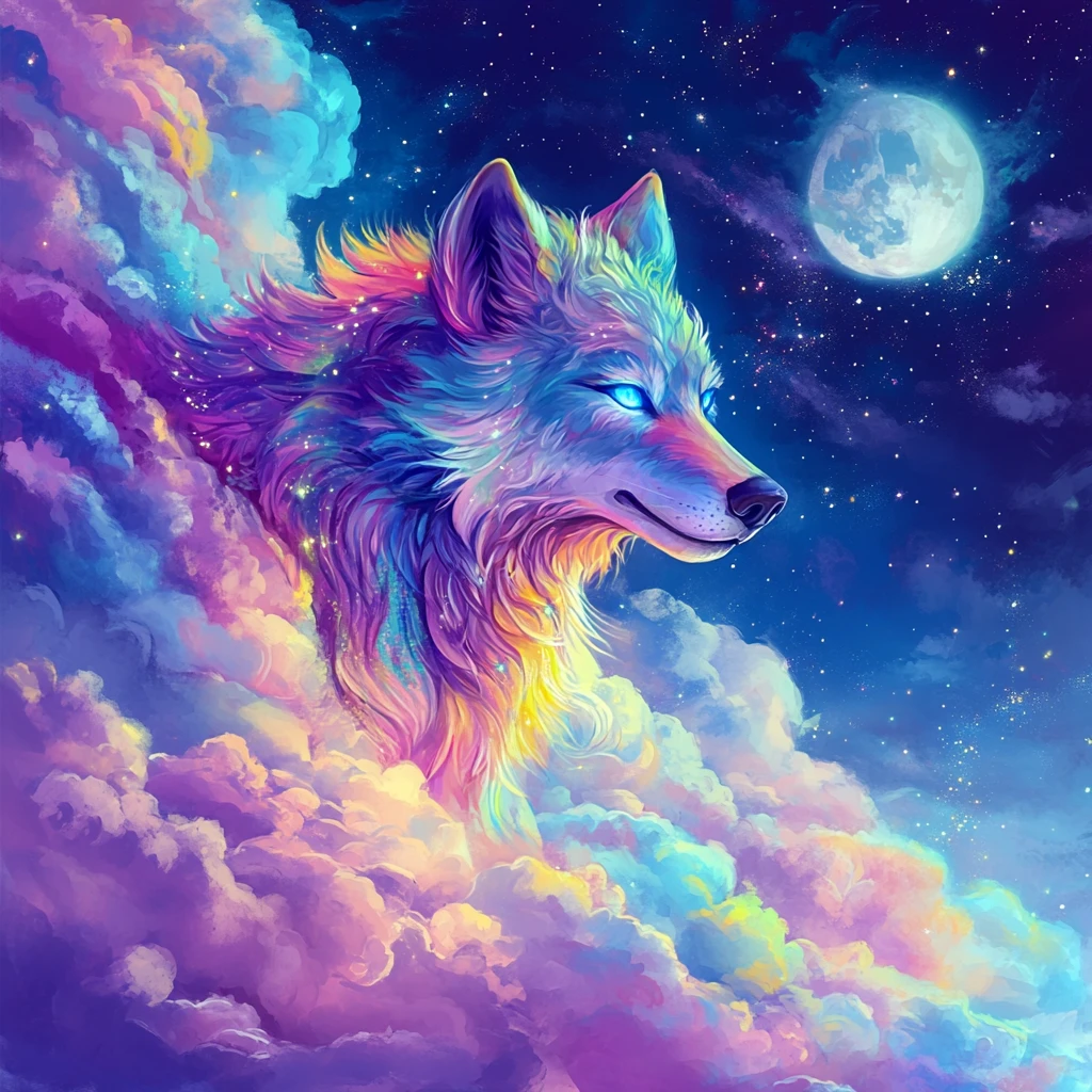 Lobo fantástico correndo por um céu noturno estrelado e brilhante