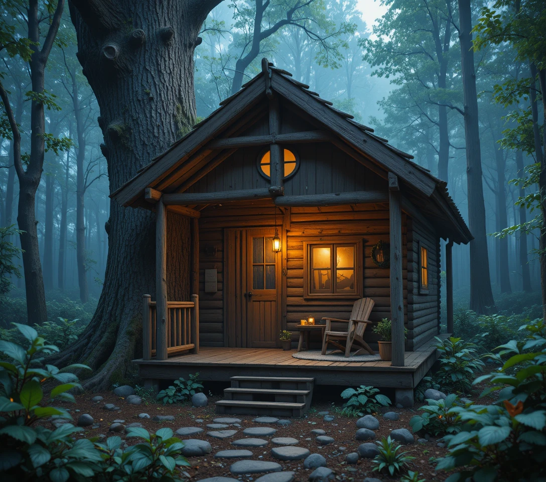 Rustic treehouse cabin glowing softly in a moonlit forest