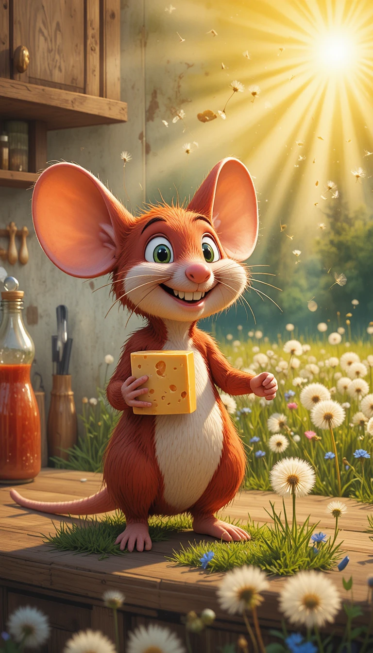 Rato vermelho em desenho sorrindo com cheddar no balcão da cozinha
