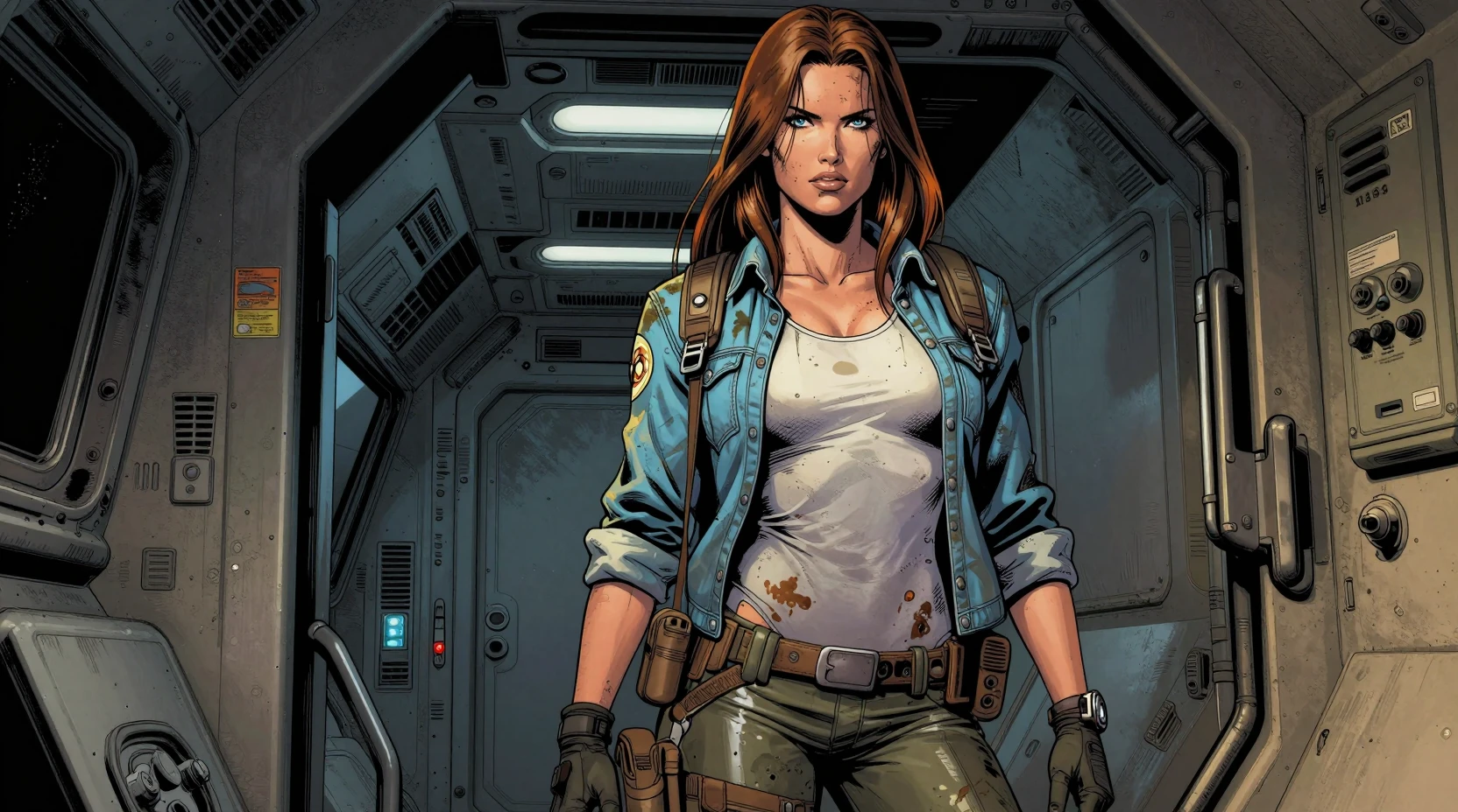 Oil stained space explorer woman in a dim ship corridor