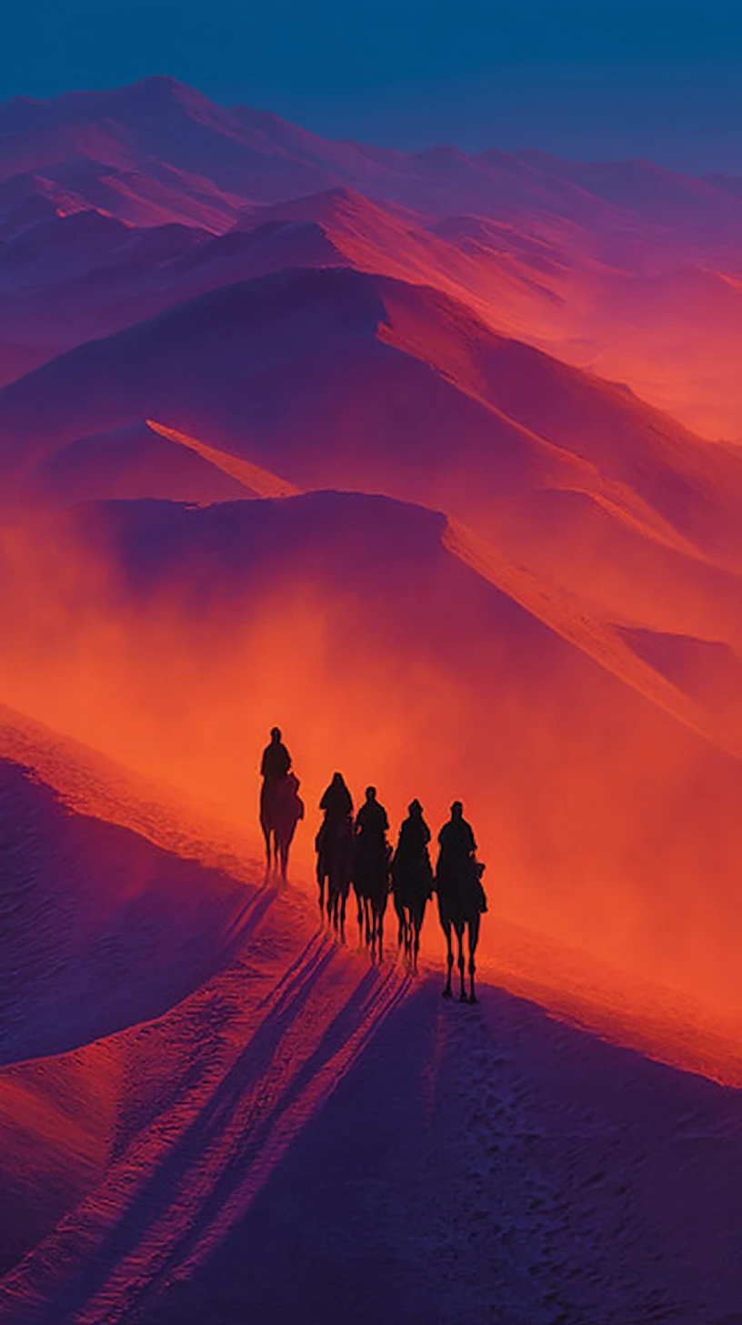 Carovana tuareg di cammelli in partenza attraverso il deserto all’alba