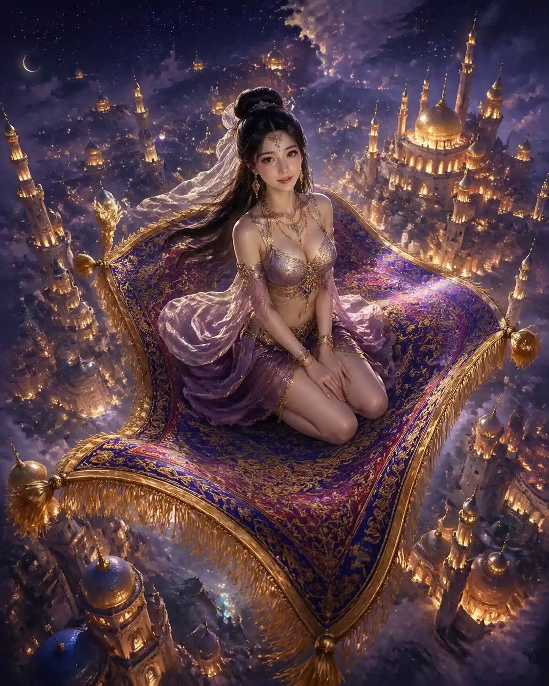 神秘的な夜の街の上を飛ぶ魔法のじゅうたんの少女