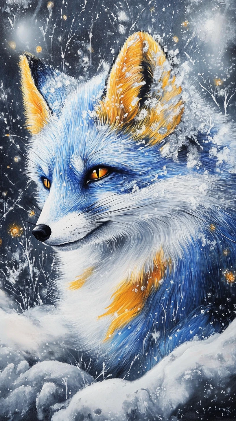 Pintura fantástica de zorro ártico con pelaje azul y amarillo en la nieve
