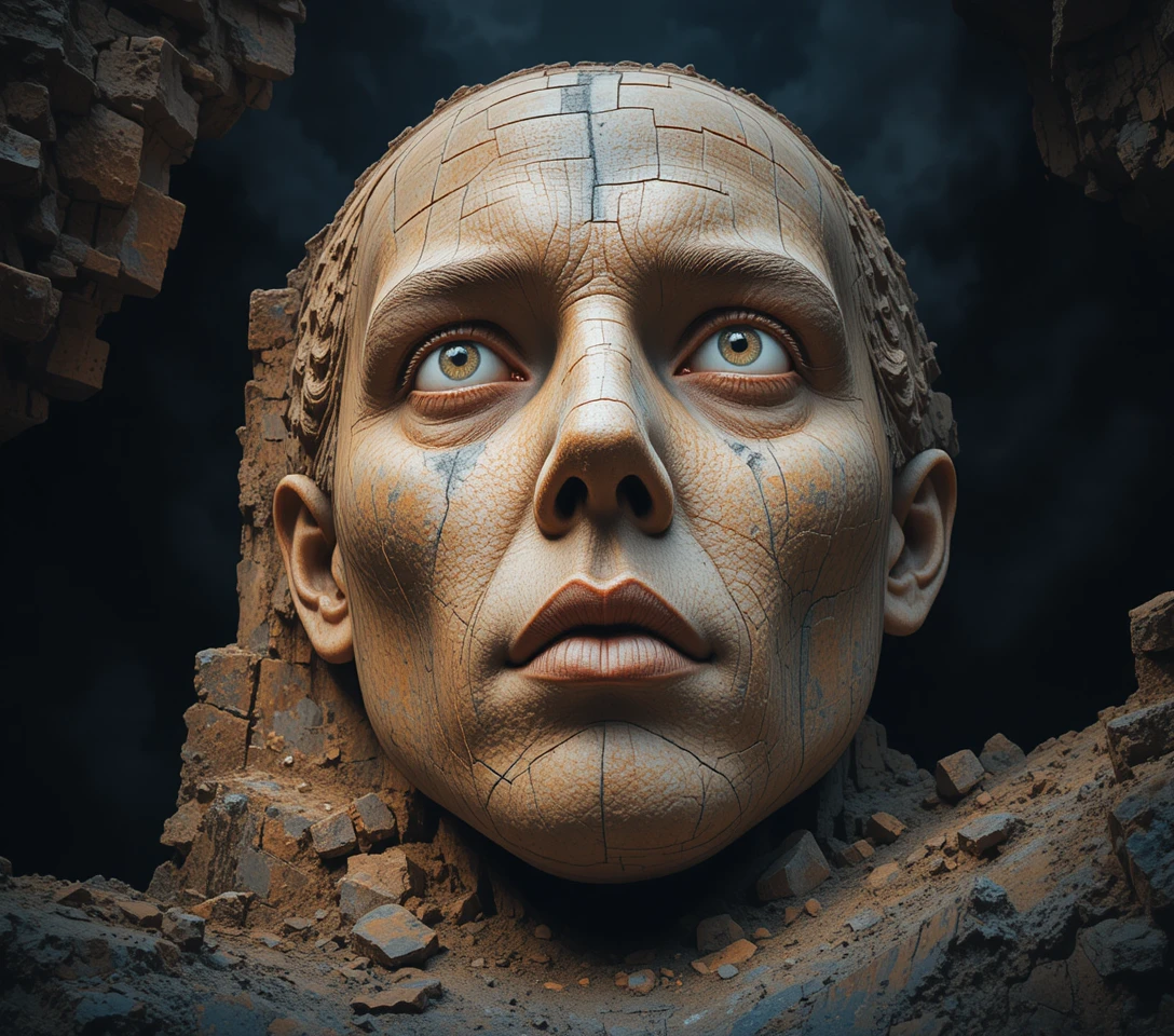 Visage de pierre monumental sculpté par l’érosion dans une lumière ombragée
