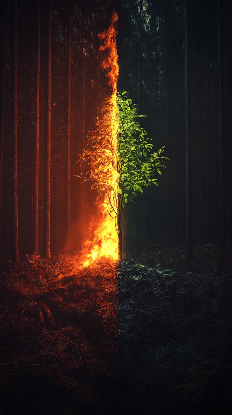 Burning forest and new growth in mystical fantasy scene
