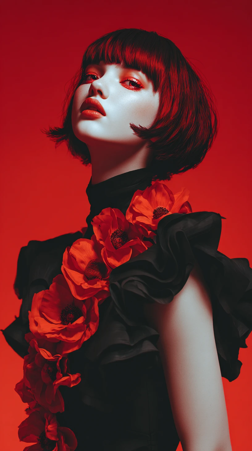 Mulher de anime estilosa com vestido preto em fundo vermelho