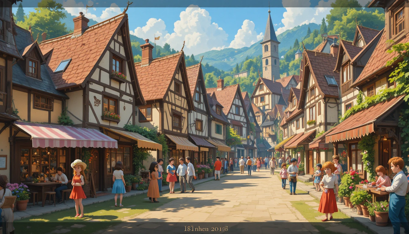 Ilustración de cálida calle de un viejo pueblo con multitud festiva
