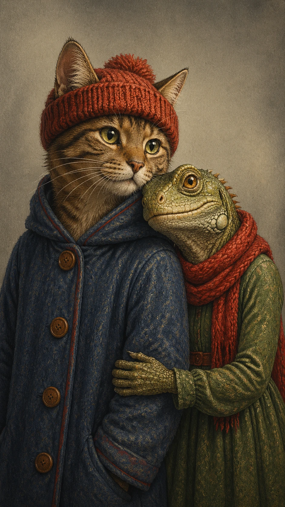 Anthropomorphe Katze und Eidechse in inniger, nachdenklicher Umarmung