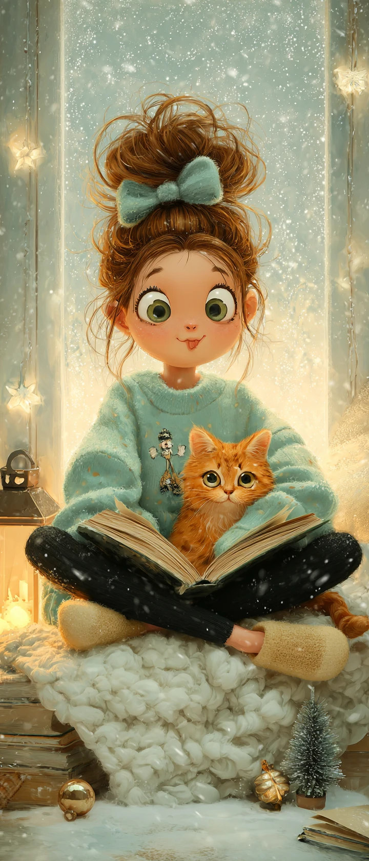Garota lendo com gato em uma aconchegante noite de inverno