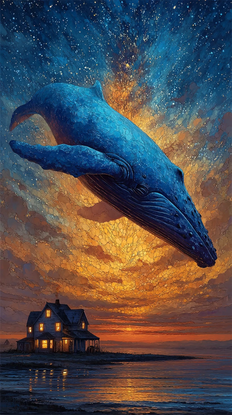 Enorme baleia-azul à deriva em um céu noturno denso e estrelado