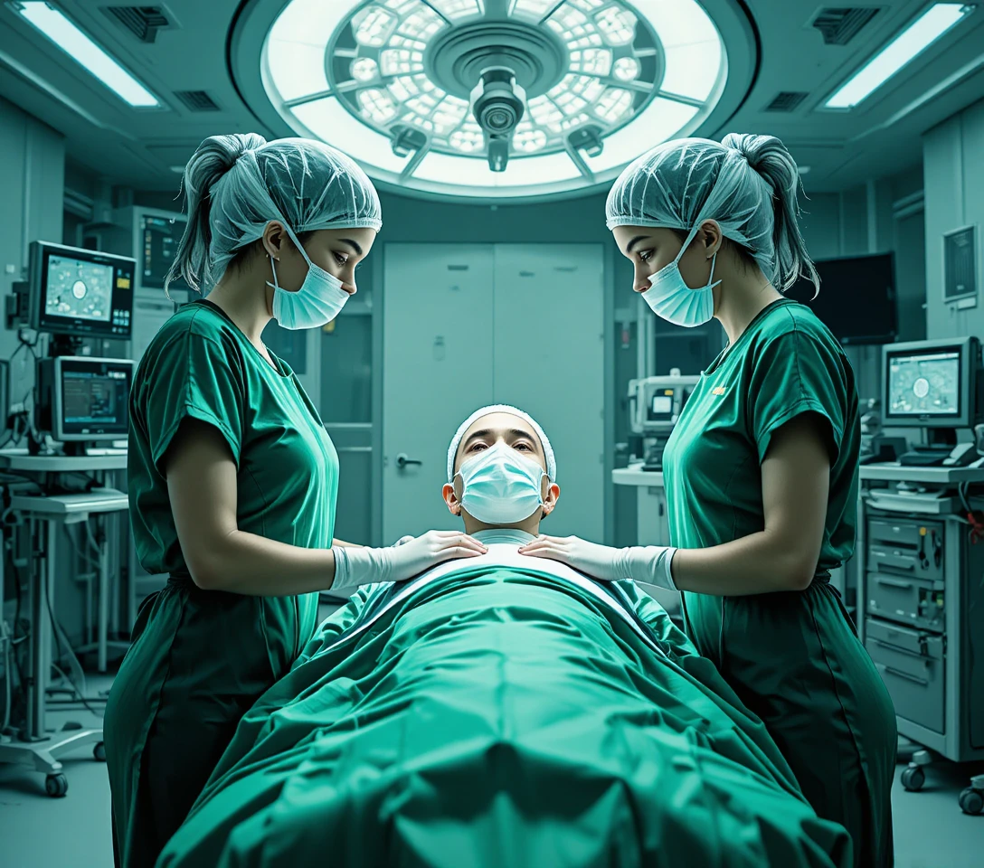 Duas enfermeiras com paciente em uma moderna sala de cirurgia