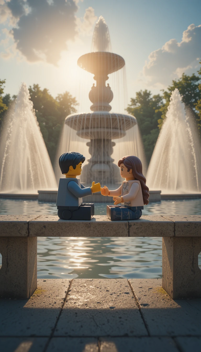 Casal de Lego de mãos dadas ao lado de uma fonte tranquila de verão