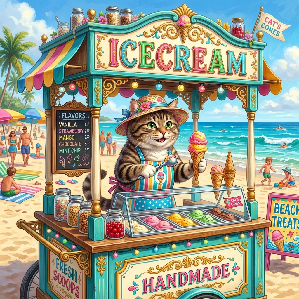Adorable chat tigré vendeur dans un vieux chariot de glace sur la plage